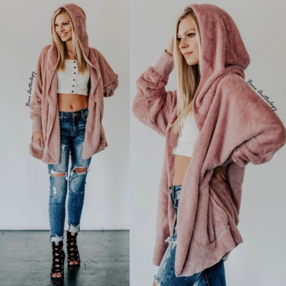 Teddy vegan fur pocket fall Softest Hoodie -mauve - Picture 1 of 3